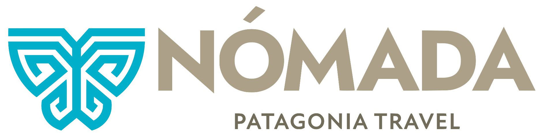  el logo de Nómada Patagonia Travel combina un símbolo abstracto de color celeste con el nombre de la empresa en beige claro, sugiriendo una marca de viajes relacionada con la Patagonia y con una connotación de exploración y movimiento (nómada)