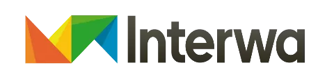 el logo de Interwa combina un símbolo abstracto y colorido con el nombre de la marca en letras sencillas, creando una identidad visual moderna y llamativa.
