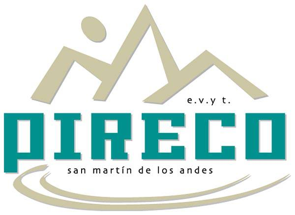  el logo de PIRECO san martín de los andes utiliza un diseño de montaña, un posible sol o figura, el nombre de la empresa en letras llamativas y ondas en la parte inferior, todo en una paleta de colores suaves que evoca la naturaleza de la región de San Martín de los Andes.