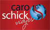 el logo de caro schick viajes combina el nombre de la empresa con una representación del mundo y una franja dinámica de color rojo, sugiriendo una agencia de viajes con alcance global.