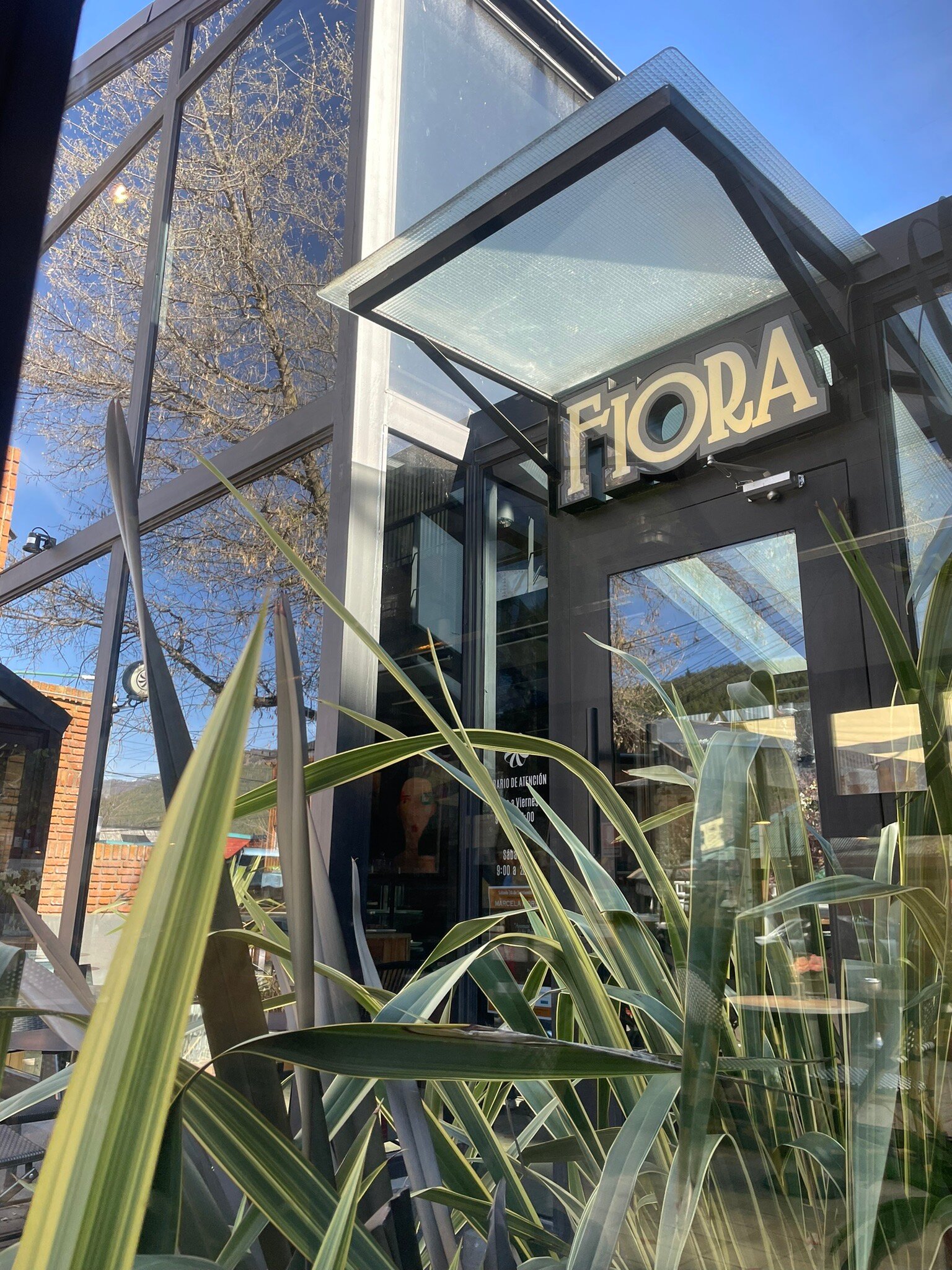 Fiora - Fachada con estructura de hierro color negro, con grandes ventanales, el nombre del establecimiento Fiora en la parte superior y plantas al ingreso.