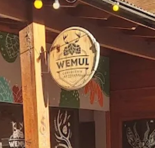 Wemul - Imagen de un cartel de madera redondo sostenida por un poste, que tiene el logo de la cervecería Wuemul, detrás se ve la fachada del comercio.