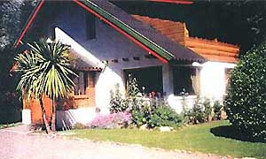 En la foto se observa una cabaña o casa pequeña de estilo alpino o montañés, con paredes blancas y un techo a dos aguas oscuro, que tiene un detalle de borde en color rojo y verde. La casa presenta ventanas con marcos de madera y una puerta de madera, que sugieren un toque rústico. Hay un jardín frontal con césped verde, y varias plantas y arbustos de diferentes tamaños, incluyendo una palma en primer plano a la izquierda y flores de color púrpura cerca de la entrada. La imagen transmite una sensación de simplicidad, tranquilidad y un ambiente acogedor. Evoca la idea de un refugio modesto pero confortable en un entorno natural.