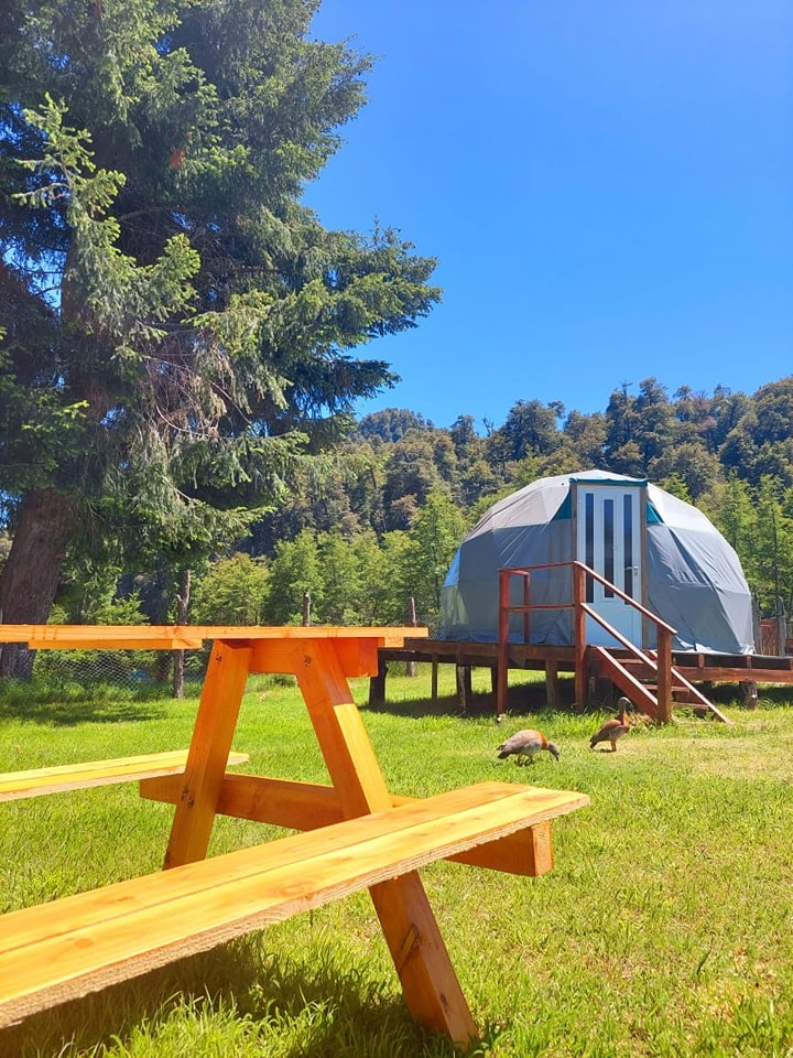 La imagen muestra una mesa de picnic en primer plano y un moderno domo de alojamiento en el fondo, en un entorno natural boscoso bajo un sol radiante.