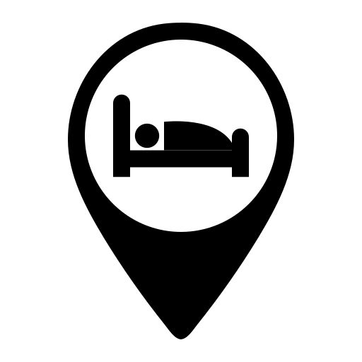Logo de alojamiento en blanco y negro con el dibujo de una cama.