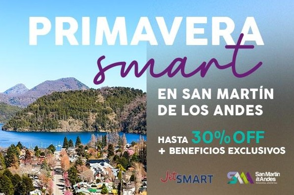 Diseño donde se puede ver una foto de una ciudad rodeada de montaña y un lago. Y texto delante que indique una promoción .
