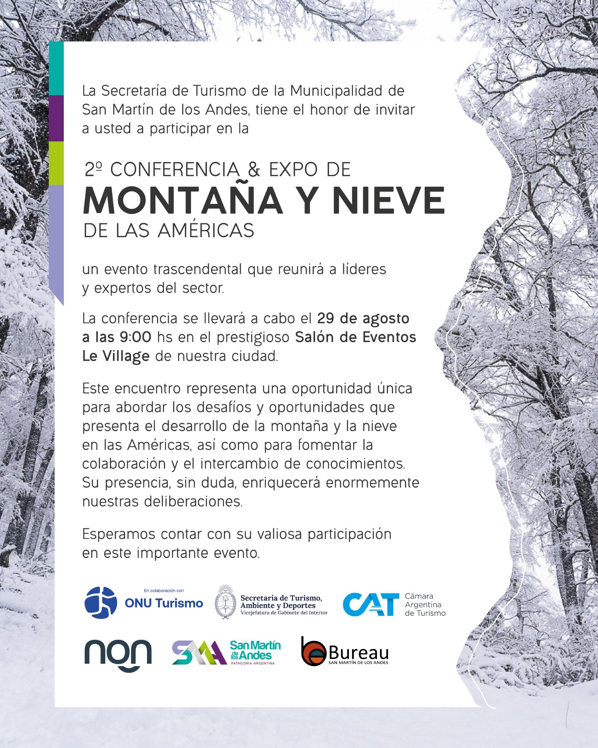 Invitación a evento con descripción de días y horarios del mismo.