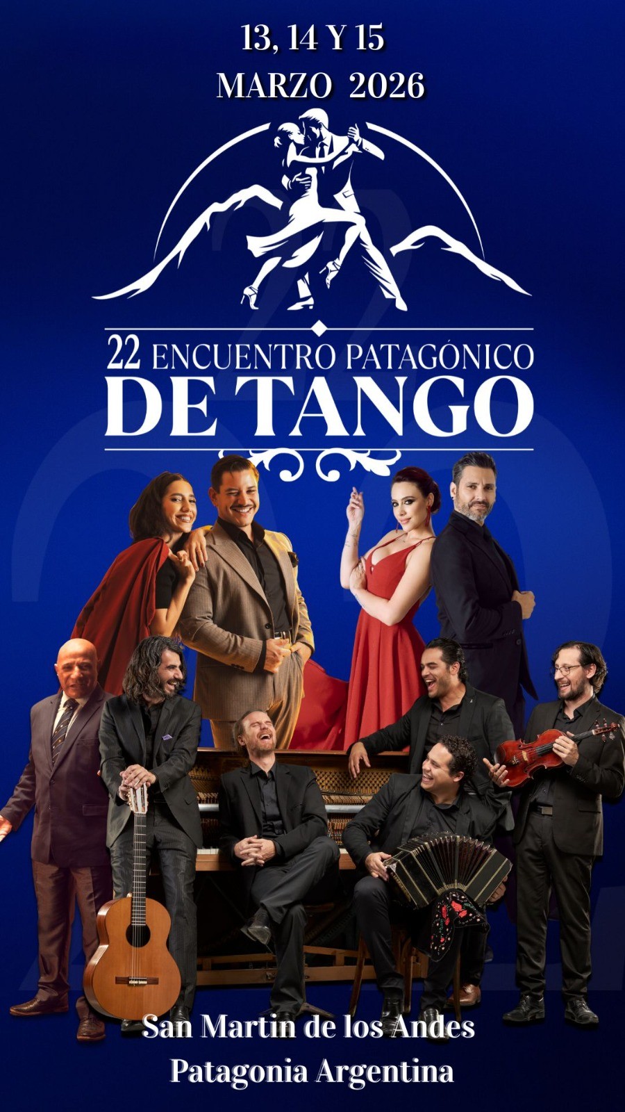 La imagen es un afiche promocional de un espectáculo de tango. A
En la parte superior se lee el título “La Catedral de Tango”.
En el centro hay una pareja de bailarines de tango en una pose elegante, con vestimenta típica del género (ropa formal y llamativa).
Alrededor o detrás de ellos se ven músicos y otros bailarines, lo que sugiere un show de tango en vivo con orquesta.



