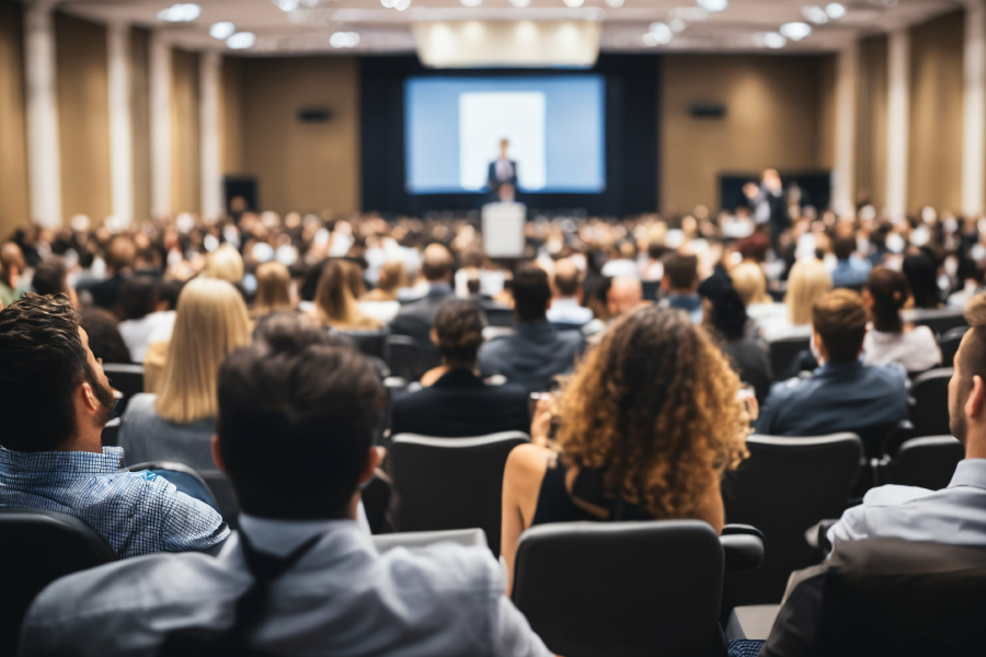 La imagen muestra una sala de conferencias o auditorio lleno de personas.